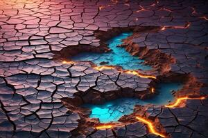 neon lysande knäckt jord textur bakgrund, jord knäckt textur bakgrund, brand inuti knäckt jorden, lava bakgrund, ai generativ foto