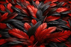 röd och svart fjäder bakgrund, färgrik fjäder tapet, fjädrar bakgrund, fluffig fjäder textur, fjäder mönster, fjäder textur, päls textur, ai generativ foto