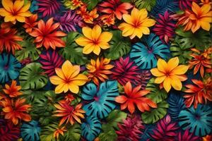 färgrik tropisk löv och blommor, tropisk blomma bakgrund, exotisk löv bakgrund, tropisk blomma tapet, ai generativ foto
