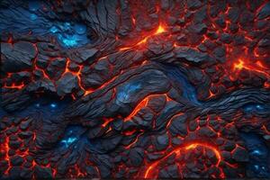 blå och röd lava textur bakgrund, lysande lava textur bakgrund, magma flöde, lava flöde, knäckt lava, ai generativ foto
