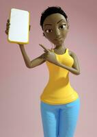 söt ung svart lady 3d tecknad serie karaktär innehav och som visar telefon med tom skärm över rosa bakgrund. 3d tolkning. foto