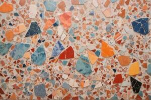 regnbåge Färg terrazzo textur, färgrik terrazzo textur bakgrund, mång Färg terrazzo mosaik- kakel, ai generativ foto