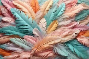 pastell fjäder bakgrund, pastell fjäder tapet, fjädrar bakgrund, fjäder textur, fjädrar mönster, ai generativ foto
