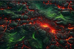 grön och röd lava textur bakgrund, lysande lava textur bakgrund, magma flöde, lava flöde, knäckt lava, ai generativ foto