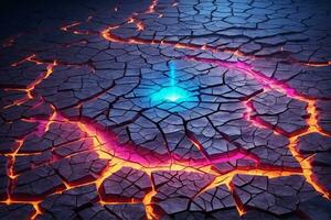 neon lysande knäckt jord textur bakgrund, jord knäckt textur bakgrund, brand inuti knäckt jorden, lava bakgrund, ai generativ foto