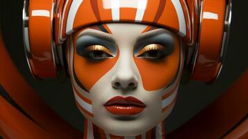 en vibrerande, tecknad serie kvinna Utsmyckad med orange och vit ansikte måla utstrålar en vild och frisinnad energi, ai generativ foto