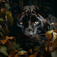 en svart jaguar gående genom de mulen vatten i en djungel ai generativ foto