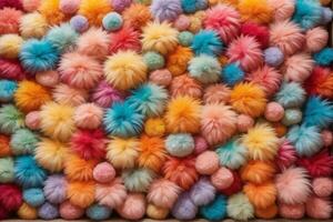 regnbåge färgrik fluffig päls boll textur tapet, färgrik fluffig bakgrund, fluffig päls bakgrund, päls textur bakgrund, ai generativ foto