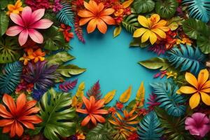 färgrik tropisk löv och blommor, tropisk blomma bakgrund, exotisk löv bakgrund, tropisk blomma tapet, ai generativ foto