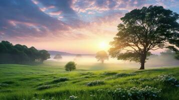gräs äng morgon- grön landskap ai genererad foto