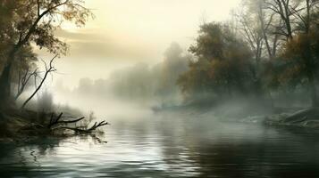 tyst natur flod dimma landskap ai genererad foto