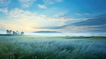 grön blå morgon- gräs landskap ai genererad foto