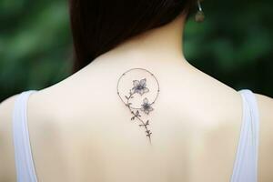 stänga upp av en små nattskugga blomma tatuering inuti en cirkel på en tillbaka av de nacke av en kvinna. en delikat och feminin design. generativ ai foto