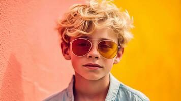 mode porträtt av en eleganta pojke i solglasögon på en sommar, ai generativ foto
