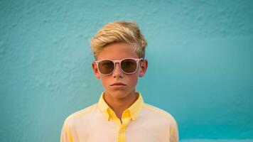 mode porträtt av en eleganta pojke i solglasögon på en sommar, ai generativ foto