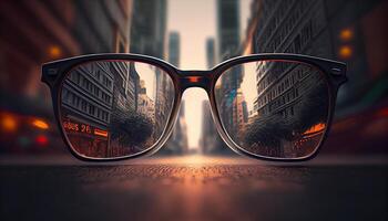 solglasögon reflexion stänga upp syn urban horisont modern elegans genererad förbi ai foto