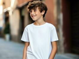 söt tonåring pojke bär tom tömma vit t-shirt attrapp för design mall, ai genererad foto