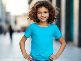 söt liten flicka bär tom tömma blå t-shirt attrapp för design mall, ai genererad foto