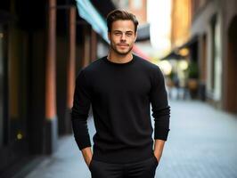 attraktiv ung man bär tom tömma svart t-shirt lång ärmar attrapp för design mall,ai genererad foto