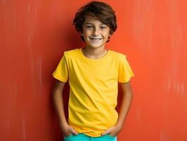 söt pojke bär tom tömma gul t-shirt attrapp för design mall, ai genererad foto