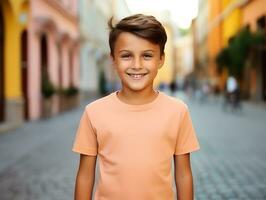 söt pojke bär tom tömma orange t-shirt attrapp för design mall, ai genererad foto