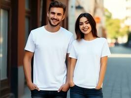en par pojkvän och flickvän bär tom vit matchande t-tröjor attrapp för design mall, ai genererad foto