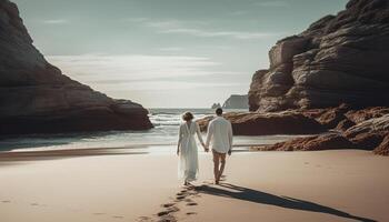 nygifta par gående på strand på solnedgång genererad förbi ai foto