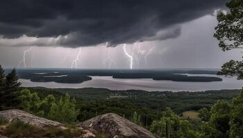 elektricitet knakar genom stormig berg landskap genererad förbi ai foto