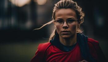 ung kvinna idrottare utövar utomhus, ser självsäker och fast besluten genererad förbi ai foto