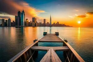 de Sol uppsättningar över de stad horisont i dubai. ai-genererad foto