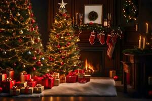 jul träd i en rum med presenterar och en öppen spis. ai-genererad foto