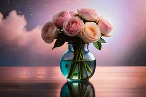 rosa ro i en vas på en tabell med stjärnor i de bakgrund. ai-genererad foto