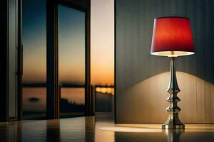 en lampa är på en tabell i främre av en fönster. ai-genererad foto
