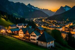 Foto tapet de himmel, berg, natt, berg, by, schweiz, alperna,. ai-genererad