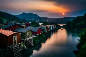 Foto tapet de himmel, vatten, berg, solnedgång, de Sol, de himmel, de vatten. ai-genererad