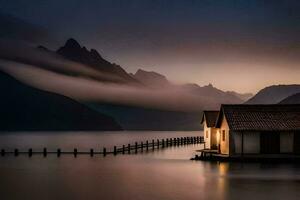 en små hus sitter på de kant av en sjö på skymning. ai-genererad foto