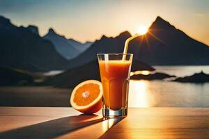 ett orange juice med en sugrör och en berg i de bakgrund. ai-genererad foto