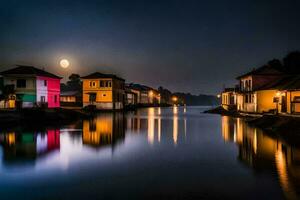 en månljus flod med hus och en full måne. ai-genererad foto
