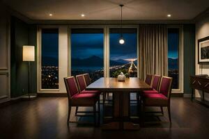 en dining rum med en se av de stad på natt. ai-genererad foto