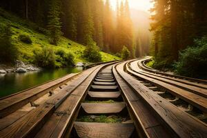 en järnväg Spår i de skog med de Sol lysande. ai-genererad foto