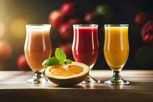tre glasögon av juice med frukt på en tabell. ai-genererad foto