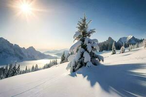 snö täckt träd på en snöig berg med de Sol lysande. ai-genererad foto