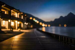 en lång promenaden ledande till en sjö på natt. ai-genererad foto