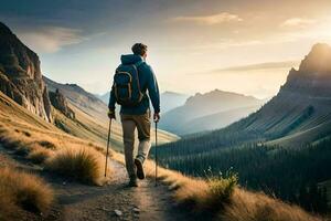 en man med en ryggsäck och vandra poler gående på en spår i de berg. ai-genererad foto
