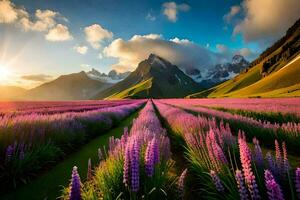 de Sol stiger över en fält av lavendel- blommor i de berg. ai-genererad foto