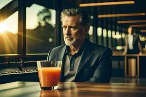 en man Sammanträde på en tabell med ett orange juice. ai-genererad foto