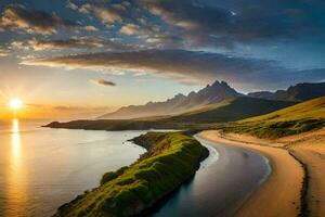 de Sol stiger över de faroe öar. ai-genererad foto