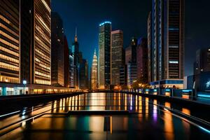 en stad på natt med en flod och byggnader. ai-genererad foto