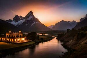 de kyrka av de beskyddare helgon av patagonien, på solnedgång. ai-genererad foto