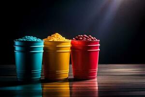 tre färgrik koppar med popcorn på en trä- tabell. ai-genererad foto